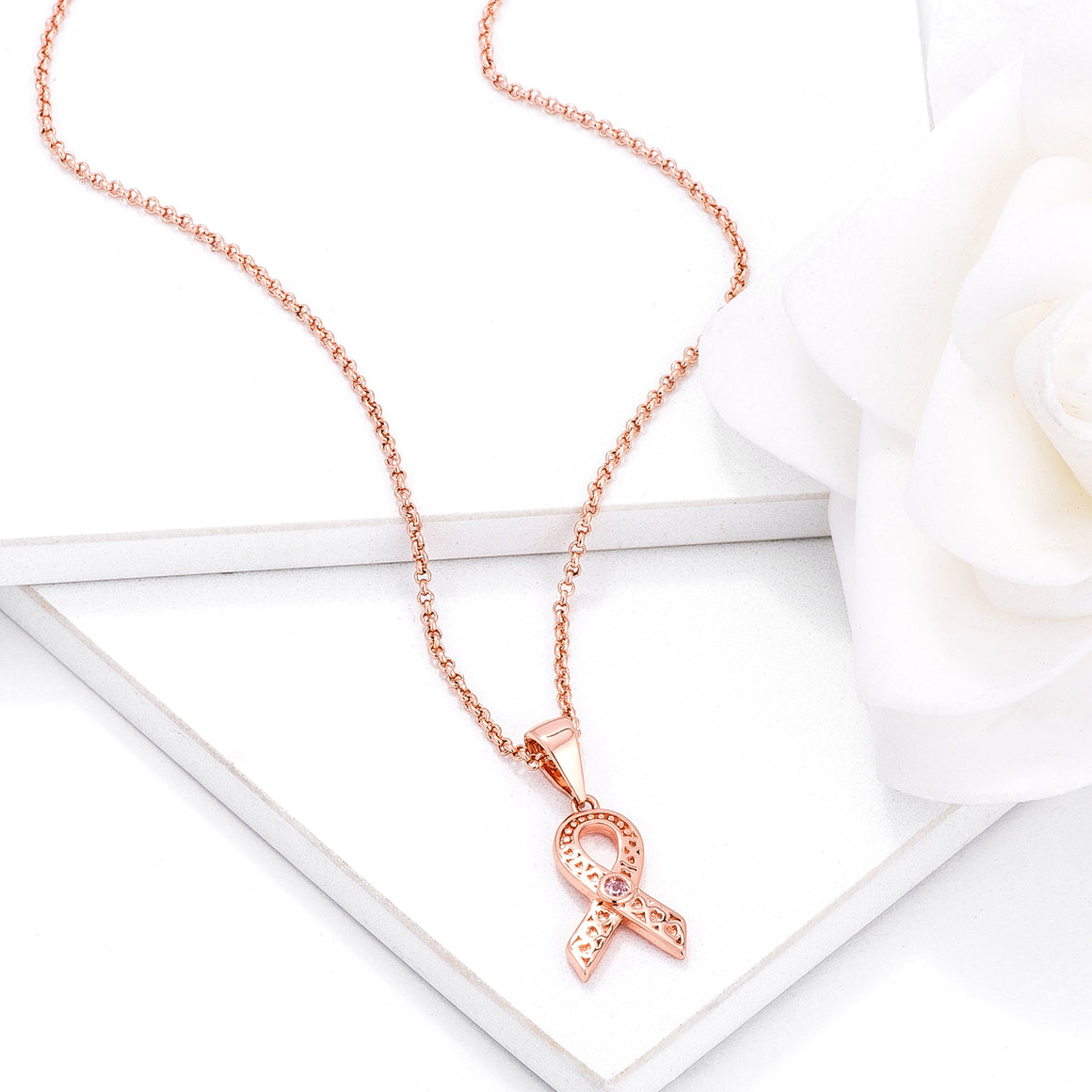 Pink Ribbon Necklace 1/20 ct tw Diamonds 10K Rose Gold